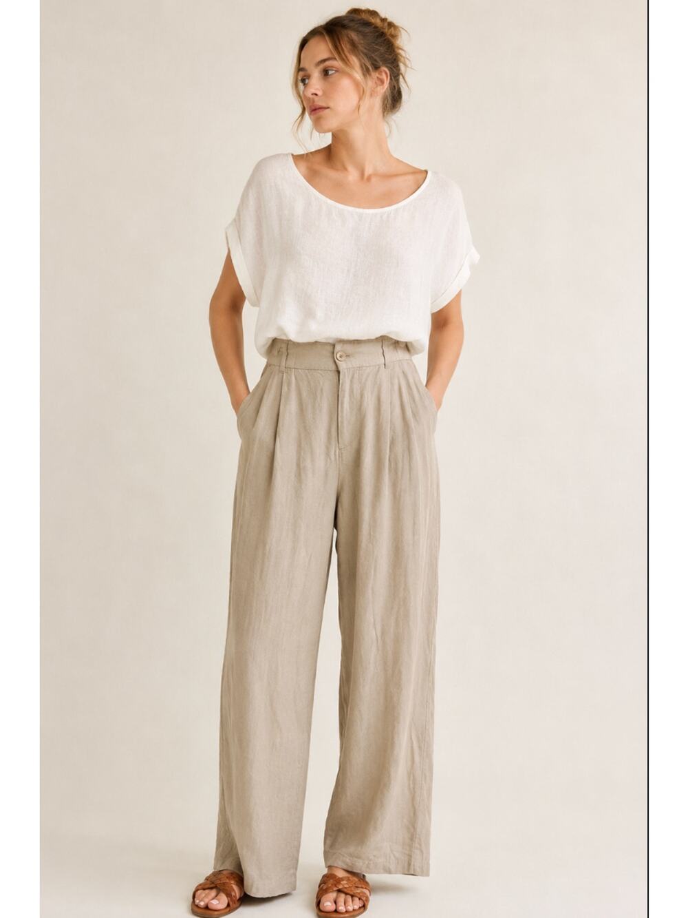 High-Rise Linen Pleat Front Straight Pants Rewash Lagenlook Neutral Gauzy
